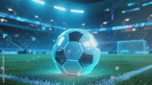 Cyberpunk concept with soccer ball in the grass at stadium,for design world cup 2026