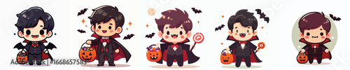 Cute Handdrawn Dracula Character Wearing Cape and Holding Pumpkin Bucket Halloween Illustration