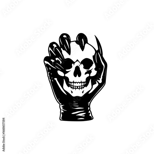 Sinister hand clutching skull, a haunting symbol of darkness, death, and the macabre