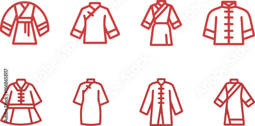 Set of traditional Chinese clothing and costume vector icons, featuring various styles of robes and jackets in red outline.