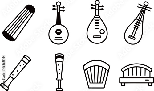 Collection of traditional Chinese musical instruments vector icons, including string and wind instruments, on a white background.