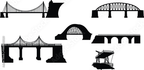 Bridge silhouettes vector set, suspension bridge, arch bridge, viaduct, drawbridge, road bridge, infrastructure engineering illustration icons