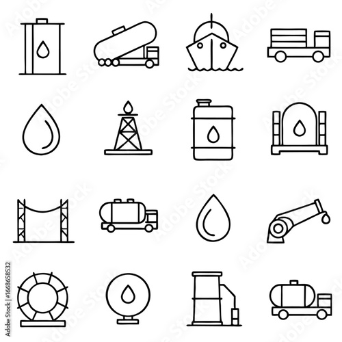 Oil and gas industry line icons representing fuel, energy, petroleum, and transportation in a minimalist style