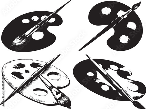 Black and white vector graphic of an artist's palette with a paintbrush, a simple design perfect for clipart or a logo on white background. eps