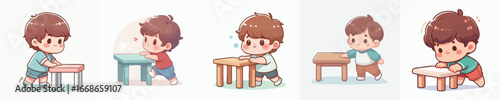 Cute Handdrawn Boy Playing with Small Table Cartoon Illustration