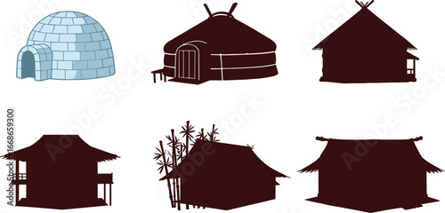 Traditional houses vector set, igloo, yurt, bamboo hut, tribal house, Asian pagoda, cultural architecture, rural home illustration