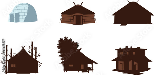 Traditional houses vector set, igloo, yurt, tribal hut, bamboo house, stilt hut, rural home, indigenous dwelling illustration