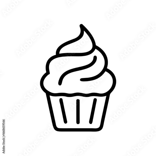 Simple and clean line art illustration of a frosted cupcake in a wrapper