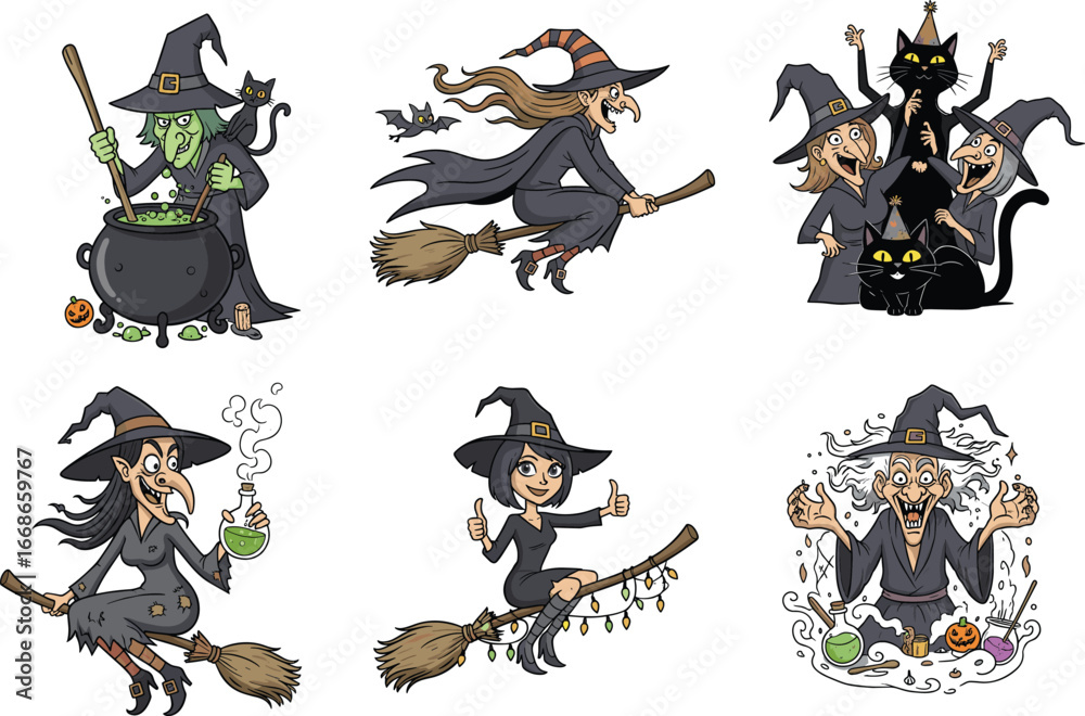 Naklejka premium Cartoon witch characters flying on broom, cooking potion, Halloween black cat, funny sorceress illustration set, spooky magic fantasy vector design