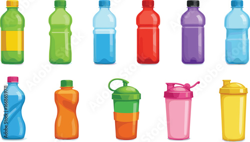 Colorful plastic water bottles and shaker bottles set, reusable sports drink containers, fitness hydration, gym accessories, beverage storage collection.