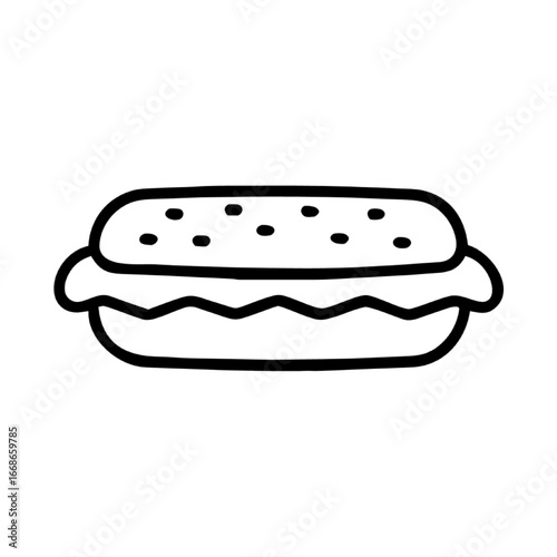 Simple Line Art Illustration of a Delicious Hot Dog with Bun and Wavy Filling