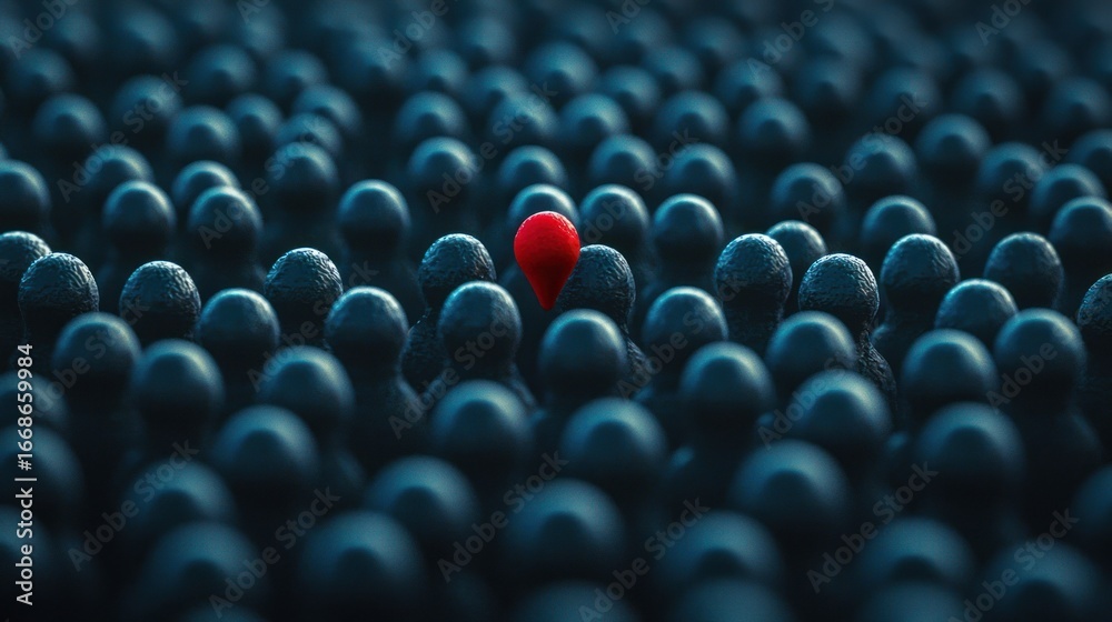 Obraz premium A red and black ball in a sea of black balls.
