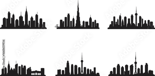 City skyline silhouette vector set, New York, Dubai, Shanghai, famous world skylines, modern cityscape, urban architecture illustration