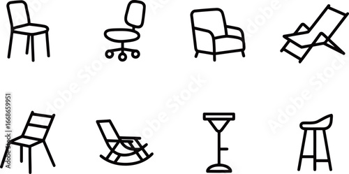 Collection of various chair and seating furniture vector icons, including a bar stool, office chair, and rocking chair, for home and office design.