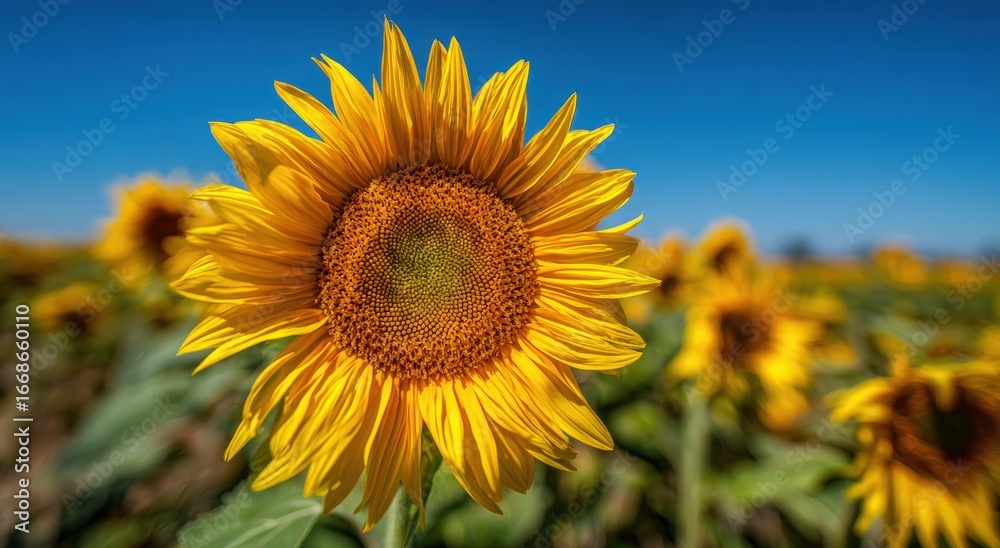 Fototapeta premium Vibrant sunflower in a field against a clear sky