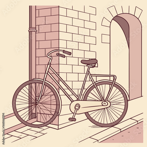 A classic retro bicycle with a basket and white wheels leans against a brick wall in the city