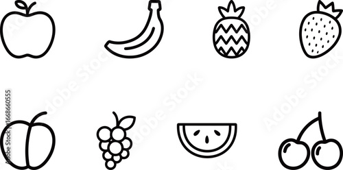 Collection of common fruit vector icons, including apples, bananas, pineapples, and strawberries, for a healthy food and grocery theme.