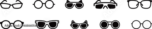 Set of diverse sunglasses and eyeglasses vector icons, featuring various styles from classic to modern, on a white background.