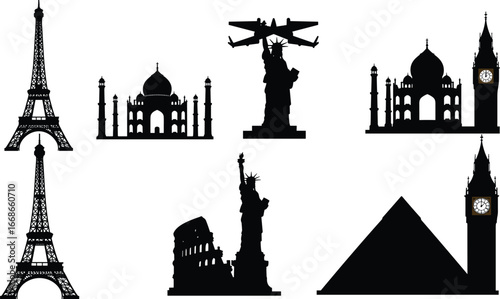Famous world landmarks silhouette vector set, Eiffel Tower, Taj Mahal, Statue of Liberty, Colosseum, Big Ben, Pyramid illustration