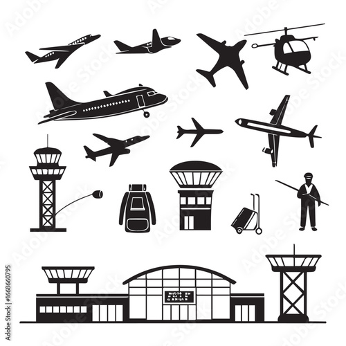 Collection of silhouetted aviation icons featuring airplanes helicopters control towers airport terminal and ground crew
