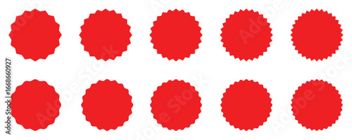 Red Starburst Sticker Set – Price Tags, Sale Labels, Discount Badges, Sunburst Circle Shapes Vector