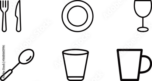 Set of simple dining and kitchen utensil vector icons, including cutlery, a plate, and various glasses, for food and household themes.