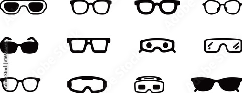 Collection of diverse sunglasses and eyeglasses vector icons, featuring various frame styles and types, on a white background.