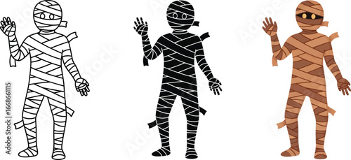 Three mummy illustrations in different styles for halloween designs