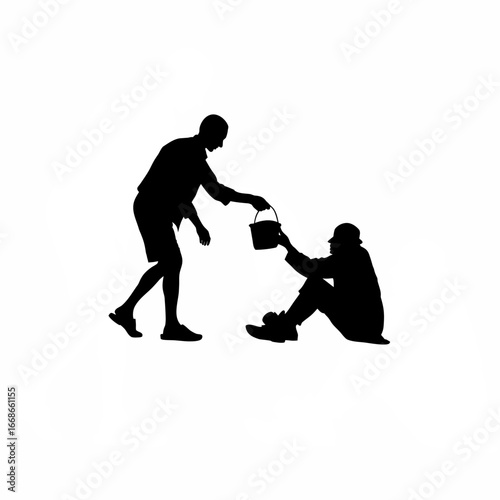 Silhouette of volunteer giving food to homeless man isolated on white background