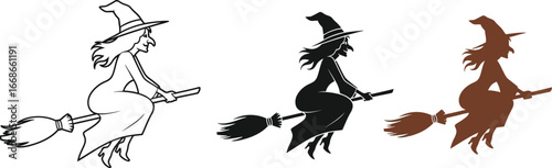 Three witches flying on brooms in different styles and colors