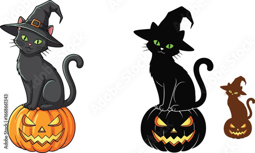 Halloween black cats wearing witch hats sitting on carved pumpkins