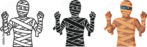 Three mummy illustrations in different styles on a white background