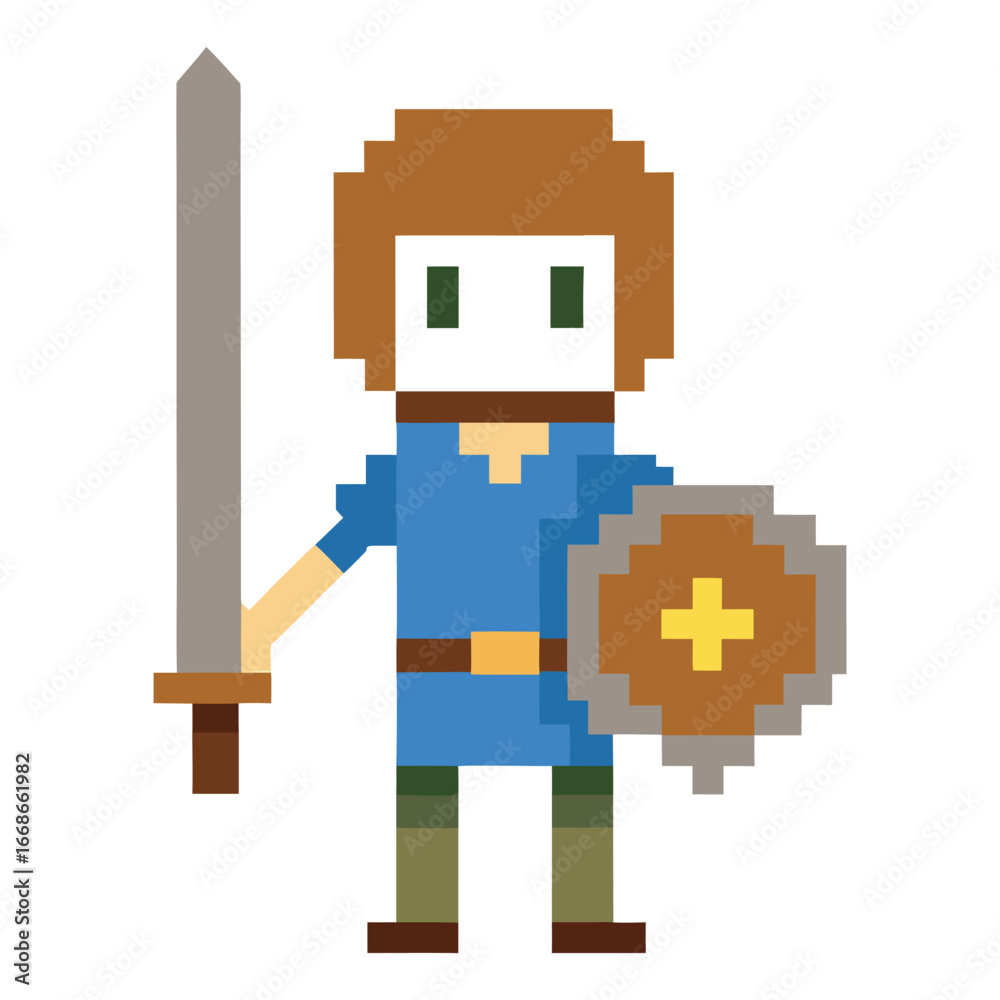 Obraz premium 8-Bit Pixel-Art Adventurer Vector Character with Sword and Shield, Retro Game Style