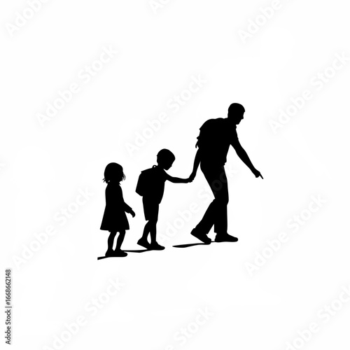 Volunteer teaching children on a footpath silhouette isolated on white background