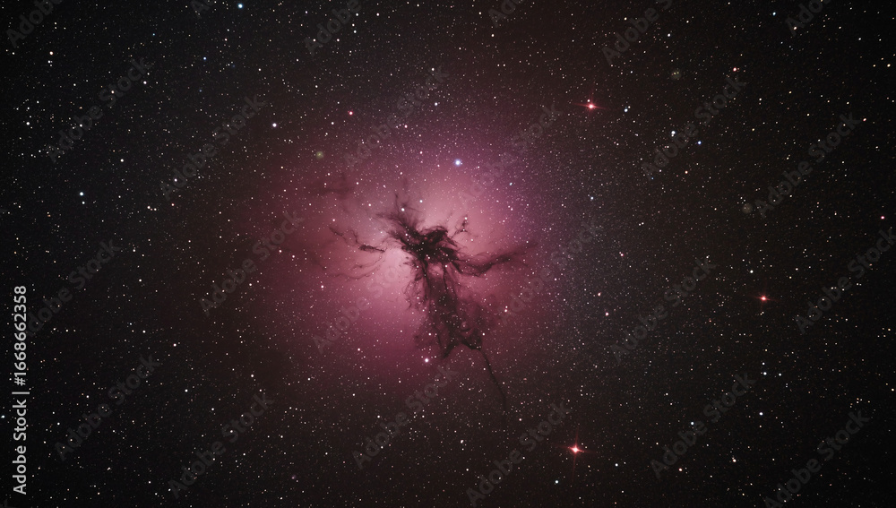 Naklejka premium Glowing Pink Green Nebula with Distant Galaxies and Stars