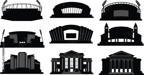 Stadium and arena vector illustration, sports complex, concert hall, event architecture, amphitheater, modern building, landmark venue, multipurpose design