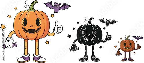 Cartoon halloween pumpkins with bats and stars in retro style design