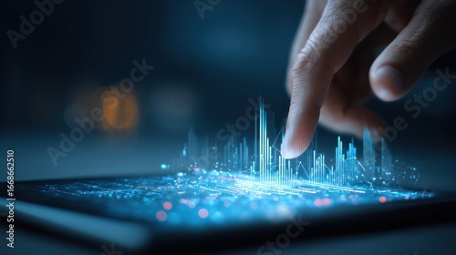Tech Interface Exploration: A detailed shot showcases a hand interacting with a cutting-edge digital interface, creating a visually striking exploration of data.