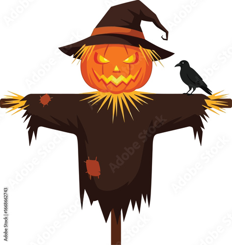 Spooky halloween scarecrow with pumpkin head and crow illustration