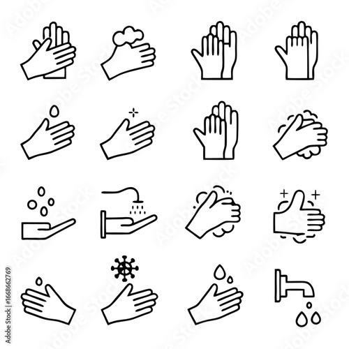 Hand washing icons hygiene, cleanliness, and virus prevention for health and sanitation