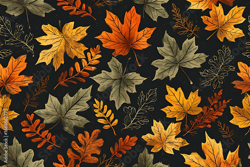 Autumn leaves pattern on dark background fall nature