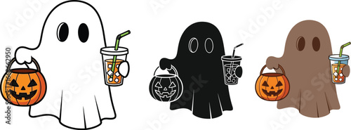 Cute halloween ghosts with pumpkin basket and drink illustration set