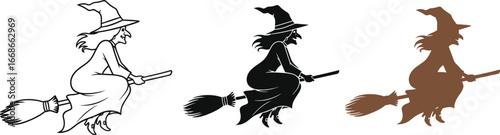 Three versions of a witch flying on a broomstick for halloween