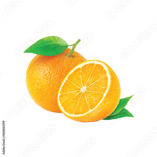 Fresh orange fruit whole and halved with green leaves isolated on white