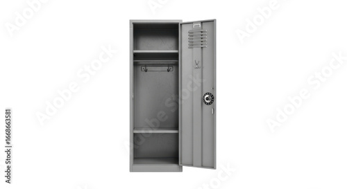 A single, gray metal locker stands open, revealing empty shelves and a clothes hook.