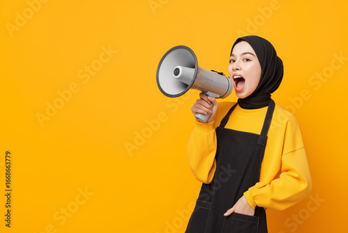 A young woman wearing a hijab, a yellow shirt, and a black apron holds a megaphone with a surprised expression. The image symbolizes communication, announcement, and empowerment.