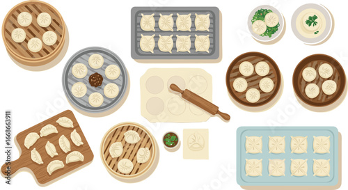 Delicious steamed and fried dumplings assortment, traditional Asian dim sum dishes, wooden and metal steamers, dumpling making process with rolling pin, fresh homemade dumplings on trays