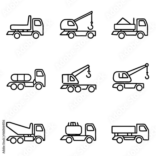 Various types of construction trucks and vehicles, showcasing different functionalities and designs for industrial applications