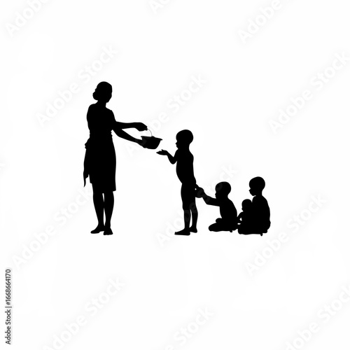 Woman serving hot meal to poor children silhouette isolated on white background