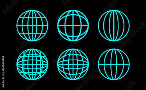 Set of six neon blue globe icons on a sleek black background, representing worldwide connection, global network, international communication, and modern digital technology. 